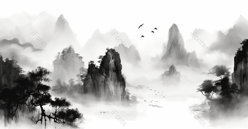中国风质感山水平静的湖泊飞鸟飞过群山峰顶黑白水墨风格画艺术背景插画,插画/手绘图,插画/手绘图库,插画/手绘图下载,插画/手绘